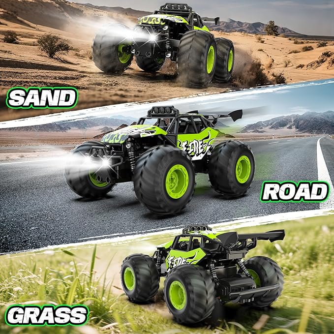 Remote Control Car All Terrain RC Cars with Speed Switch RC Truck with LED Headlight and Rechargeable Batteries 20KM/H Monster Truck Toys Gift for Boys 6-8 8-12 Green