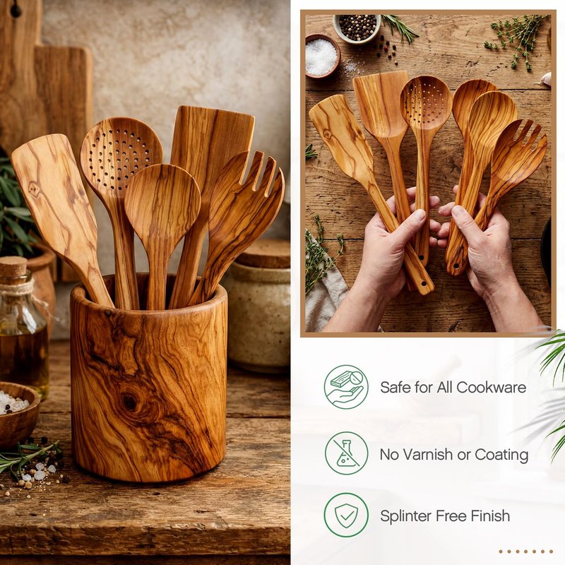 Qinyoung 6 Pack Olive Wood Cooking Utensils Olive Wood Kitchen Utensils Mixing Spatula Spoon Fork Set with Gift Box for Cooking Baking Meal, Birthday Anniversary Mother's Day Housewarming Gifts