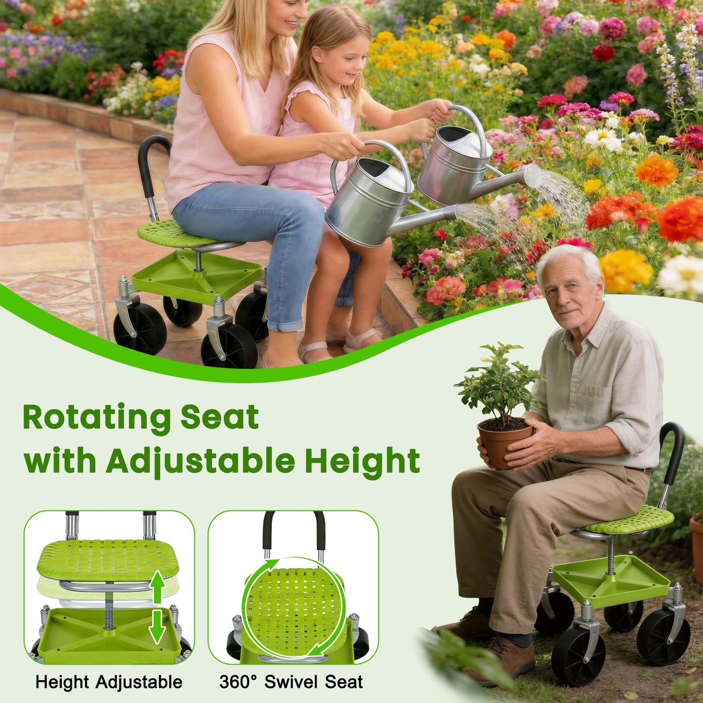 Outdoor Garden Stool with 360° Swivel Caster Wheels, Rolling Garden Cart with 360° Swivel Seat, Height Adjustment, Back Tool Pouch & Under-Seat Tray, Gardening Gifts for Women, Parents, Seniors