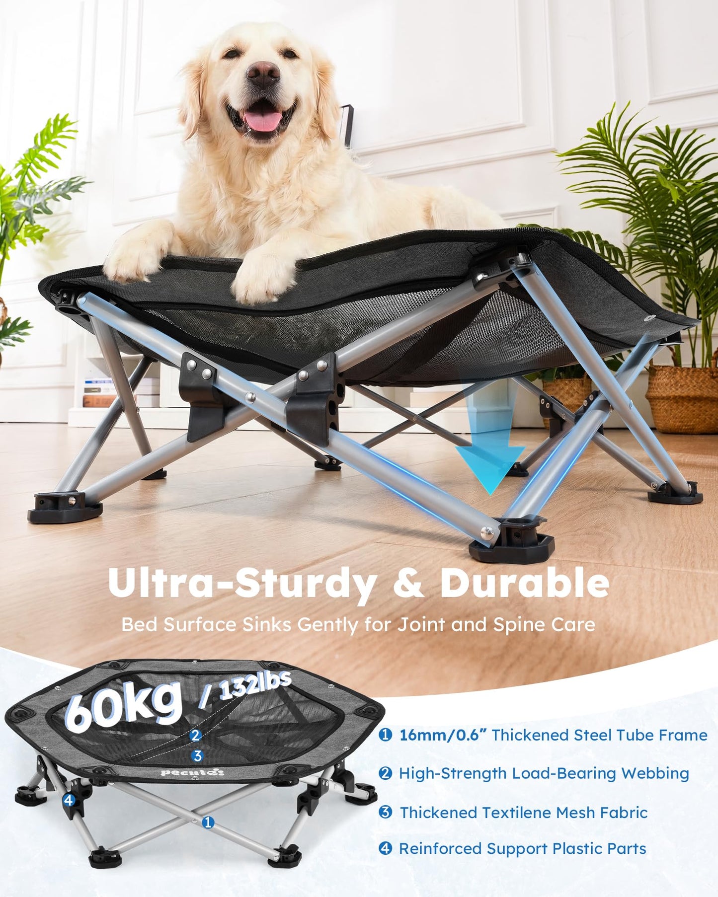 Pecute Elevated Dog Bed with Cooling Blanket, Chew Proof Outdoor Pet Cot for Large Dogs, Tool-Free Assembly & 360° Breathable Mesh for Summer Camping, Orthopedic Joint Support, XL, 38.2×35.4×7.9"