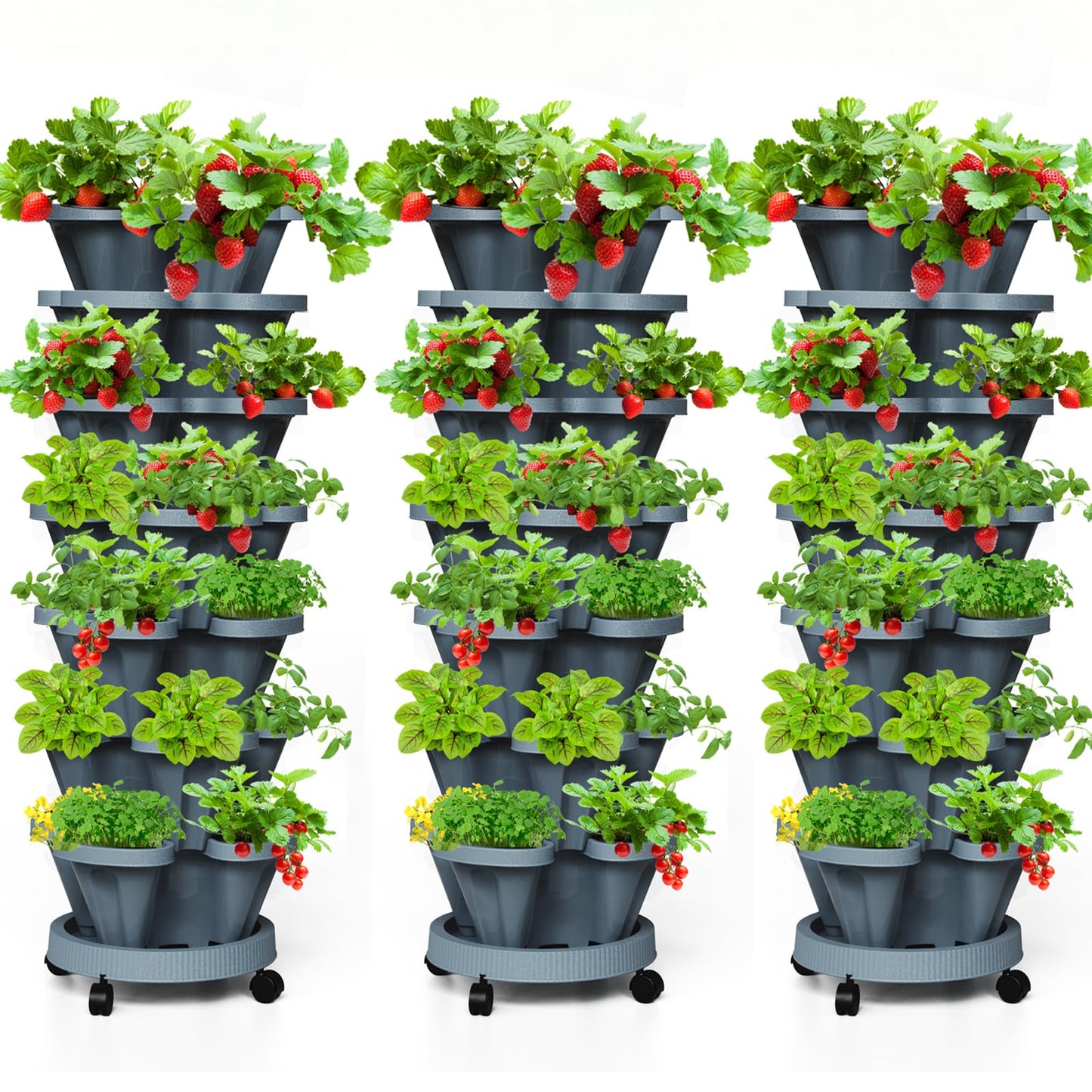 Tectsia 7 Tiered Strawberry Vertical Planter Tower Garden 3 Pack, Stackable Planter Herb Garden Planter with Movable Casters and Bottom Saucer Indoor and Outdoor - Dark Grey