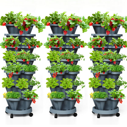 Tectsia 7 Tiered Strawberry Vertical Planter Tower Garden 3 Pack, Stackable Planter Herb Garden Planter with Movable Casters and Bottom Saucer Indoor and Outdoor - Dark Grey