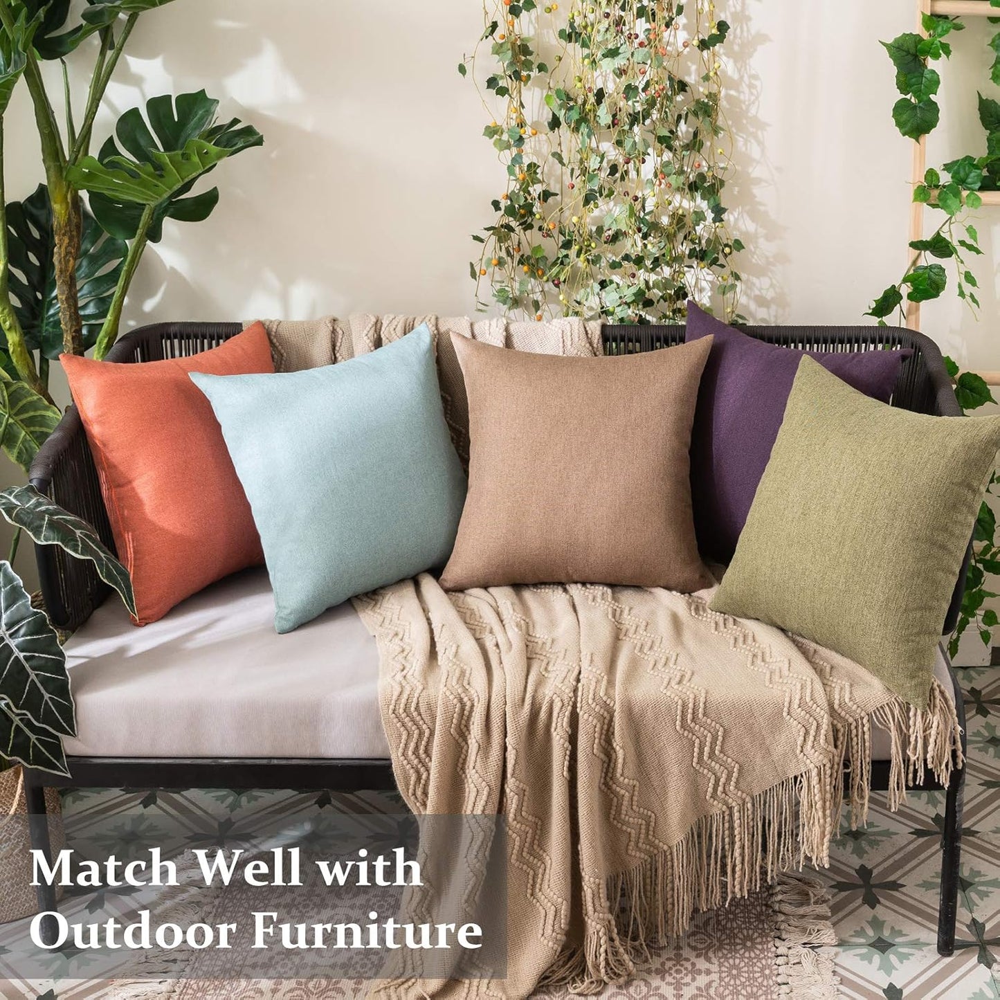 MIULEE Decorative Outdoor Throw Pillow Covers - Waterproof Faux Linen Cushion Cases | 22x22 Inch Dark Green (Pack of 2)