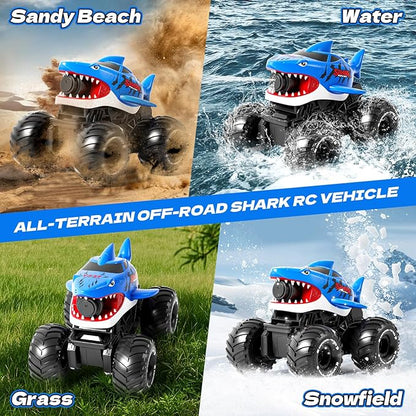 Gesture Sensing Amphibious Remote Control Shark Monster Truck with Water Squirt 4WD 1:16 RC Car All-Terrain Waterproof RC Tank Pool Toy Outdoor Summer Gifts for Kids Age 6+（With 2 Replaceable battery)