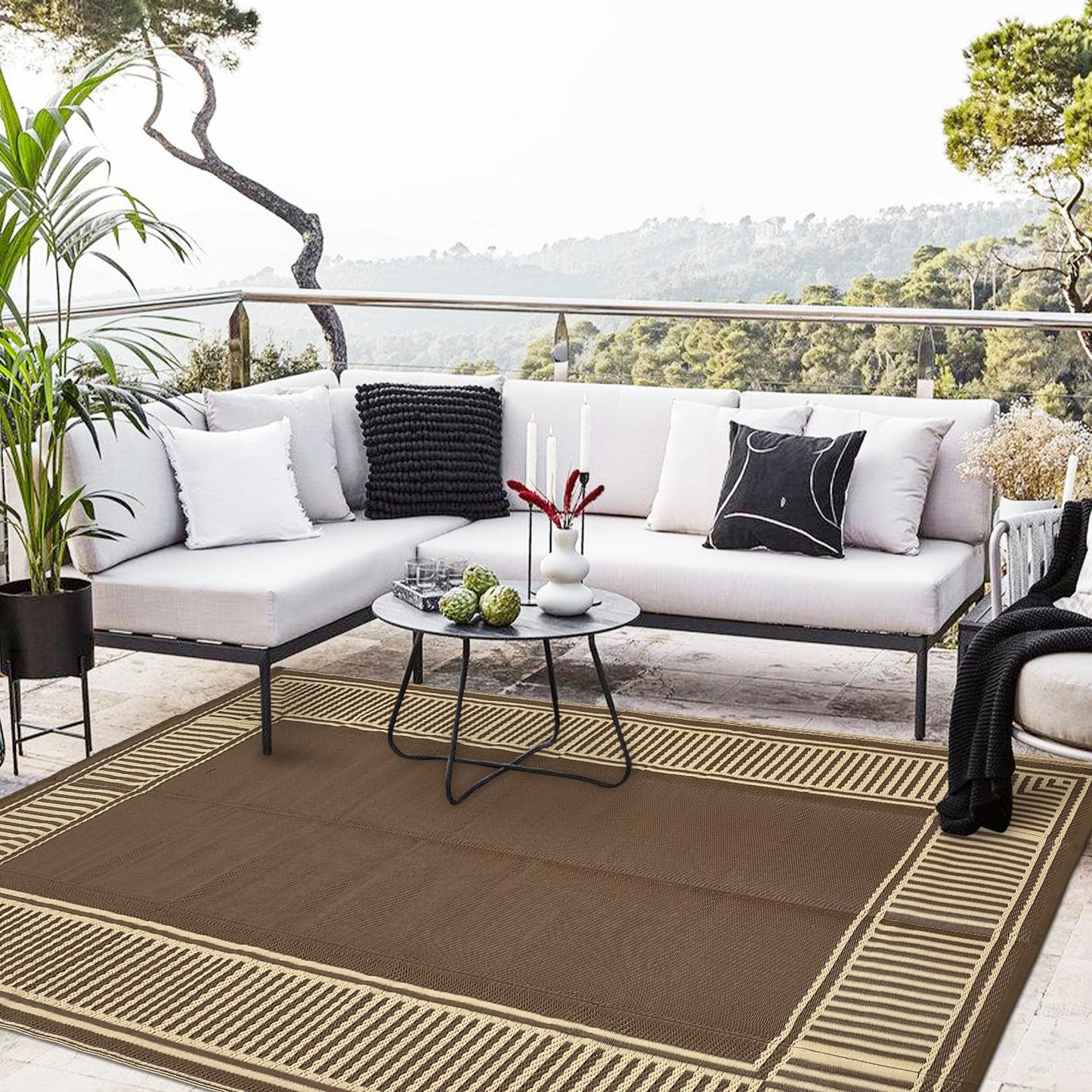 GAOMON 10x20 Waterproof Outdoor Rug Reversible Plastic Straw Rug Patio Camping Rugs, Lightweight UV Resistant RV Mat Foldable Stain Resistant Outside Carpet for Beach, Balcony, Porch,Border-Brown