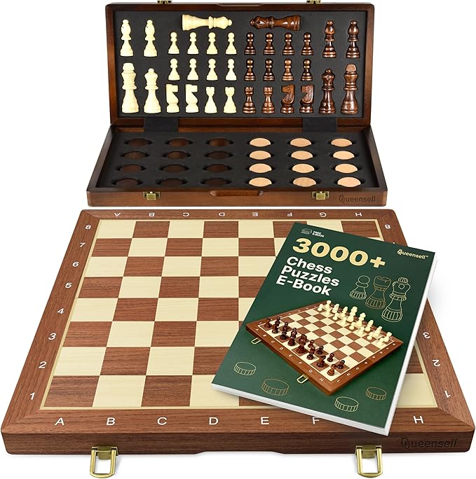 2 in 1 Magnetic Chess Set &amp Checkers Board Game for Adults and Kids - 15 Chess Tournament Chessboard with Magnetic Pieces - Free E-Book with Chess Puzzles