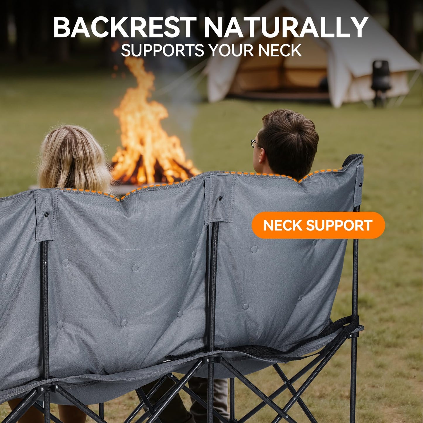 Huskfirm 3 Person Camping Chair Padded Loveseat Camping Chair Folding Camping Couch Portable Double Camping Chairs Heavy Duty Camp Chair for Adults Outdoor Lawn with Two Cup Holders and Carry Bag