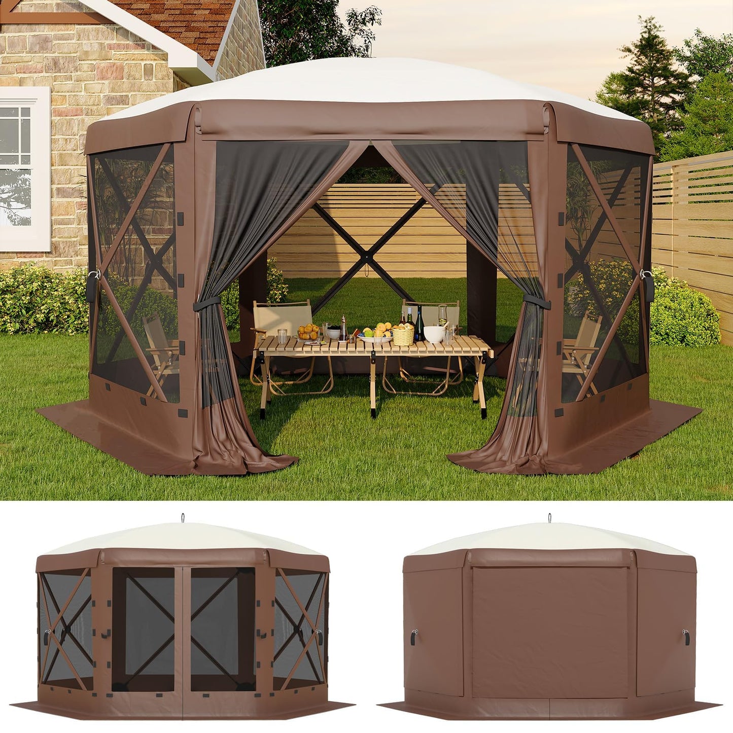 11.5x11.5FT Pop Up Canopy Tent, One-Push Setup Patio Gazebo with Removable Top & Wind Cloths, 6-Sided Outdoor Shelter for Camping, Backyard Parties, Events