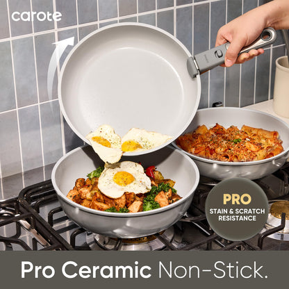 CAROTE 27pcs Ceramic Cookware Set Nonstick, Pots and Pans Set Non Stick, Non Toxic Cookware Detachable Handles, Dishwasher/Oven Safe, RV/Camping Cookware with Kitchen Utensils, Gray
