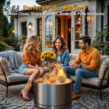 HGD 28" Smokeless Firepit with Stand & Grill Rack, Large Stainless Steel Wood Burning Fire Pit for Friends & Family Gatherings, Secondary Combustion Outdoor Patio Stove for BBQ & Bonfire