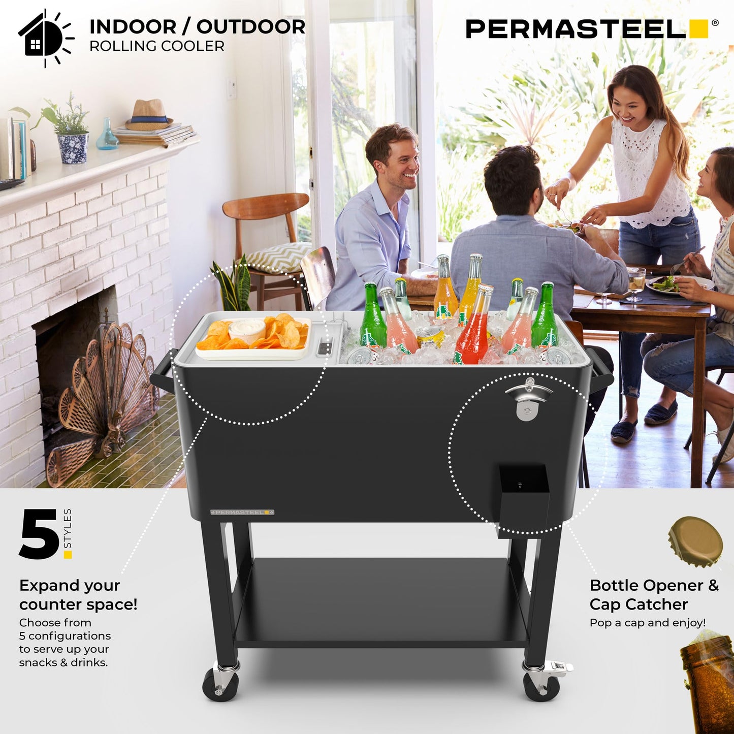 Permasteel Party Cooler with Divider, Removable Basin, Spacious 80-Qt Capacity, Chills 36hrs, Serving Tray, Rolling Ice Chest for Indoor & Outdoor, Matte Black