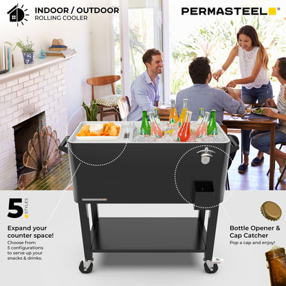 Permasteel Party Cooler with Divider, Removable Basin, Spacious 80-Qt Capacity, Chills 36hrs, Serving Tray, Rolling Ice Chest for Indoor & Outdoor, Matte Black