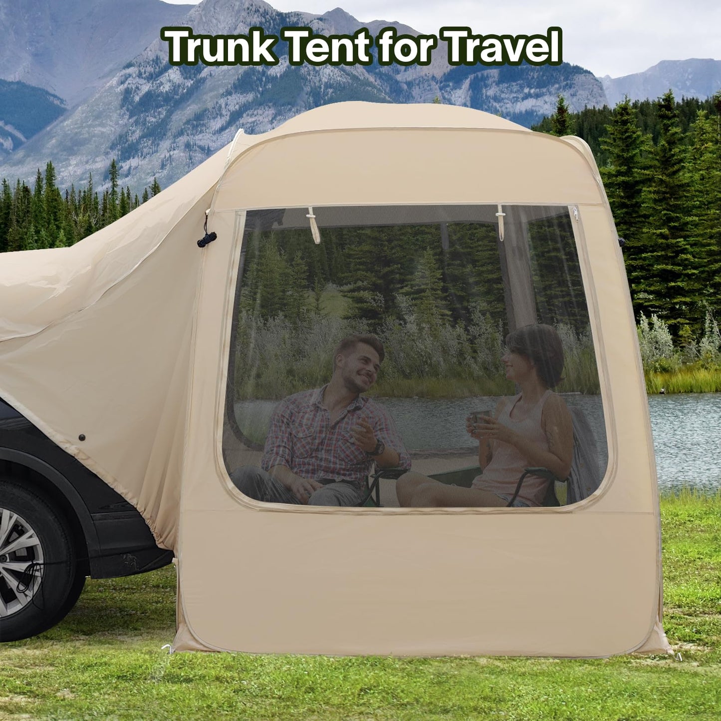EighteenTek SUV Tent Attachment for Camping with Mesh Walls and PVC - 5 Person Car Cabana - All Weather Proof Pod Shelter Pop Up Clear View Tailgate Tent for Car SUV Van, 7’X7’X7.2’H
