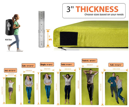 GAIALOOP 3 Inch Memory Foam Camping Mattress, Dual Layer Thick Sleeping Camp Pad for Car Tent Cot, Roll-Up Portable Glamping Floor Bed for Guests Sleepover[Single: 75 * 30 * 3"]