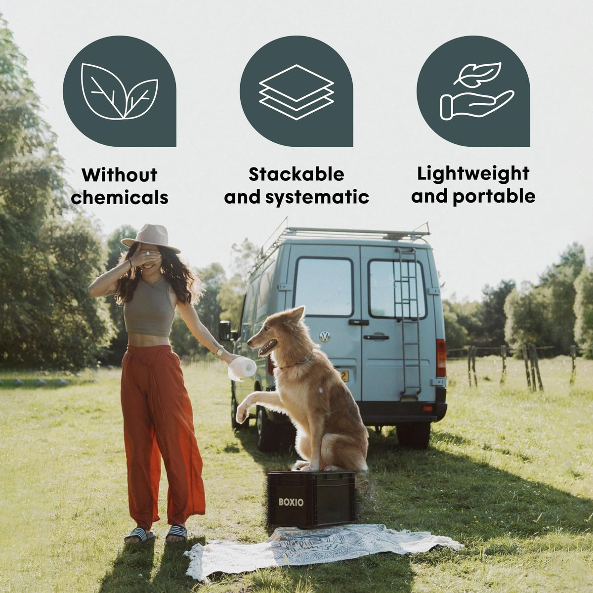 BOXIO TOILET: Portable solution for car trips, boats, hunting or outdoor adventures. Europe's good-selling composting toilet. Compact size: 15.75" x 11.8" x 11"