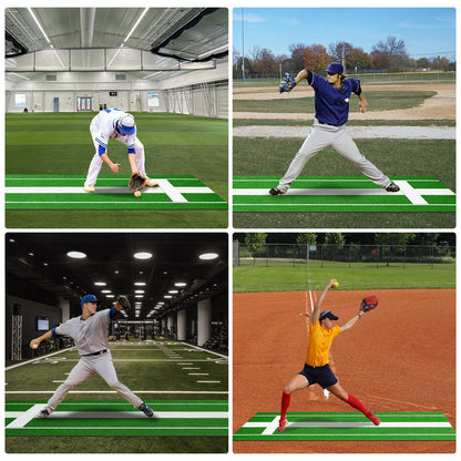 10x3 ft Professional Softball Pitching Mat with Power Line, Heavy Duty Non-Slip Rubber Base & Dense Turf, Portable Softball Pitching Mound for Indoor Outdoor Training Lane, Ideal Practice Aid, Green