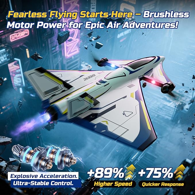 DEERC 4CH Brushless RC PlaneSci-Fi Remote Control Jet Hobby Airplane with LED Lights RTF Aerobatic Aircraft Toys2.4GHz 6-axis Gyro Stabilizer EPP Glider Aircraft Plane for Adults Beginners Advanced