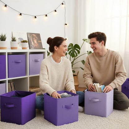 Granny Says Cube Storage Bins - 11 Inch Organizer with Handles | 6 Pack Purple Gradient Design
