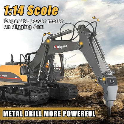 kolegend 3 in 1 Remote Control Excavator Toy 1/14 Scale RC Excavator 15 Channel Upgrade Full Functional Construction Vehicles with Tools Metal Breaker and Electric Gripper(Yellow/Black)