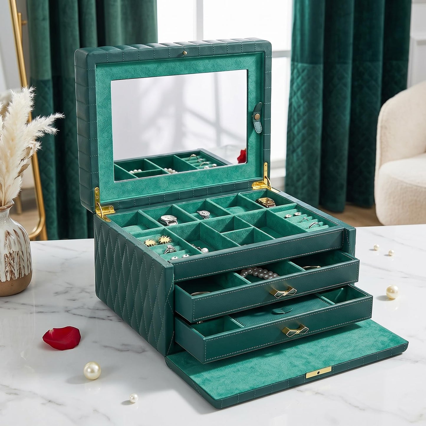 Homruilink Genuine Leather Jewelry Box – 3 Layer Large Jewelry Organizer with Mirror, Lockable Jewelry Box for Women – Necklace, Ring, Earring Organizer with Drawer - Fathers Day Gift for Dad (Green)