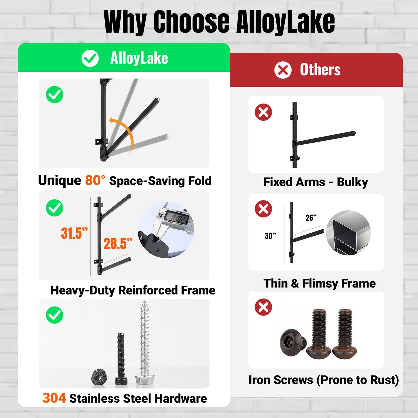 AlloyLake Folding Kayak Wall Rack, 240 lbs Heavy Duty Garage Storage Hanger, 2-Tier Adjustable Mount with 304 Stainless Steel Hardware, Fits Canoe, SUP & Surfboard - Black