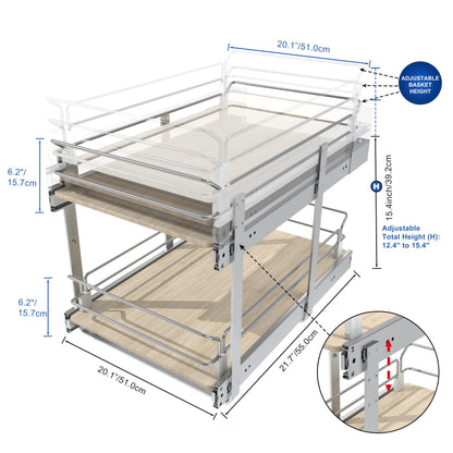 2 Tier Pull Out Cabinet Organizer 20" W X 22" D, Slide Out Drawers For Kitchen Cabinets, Pull Out Drawers For Cabinets Capacity Heavy Duty Caddy, Cabinet Pullout Shelves Wood Chrome, Pantry Storage