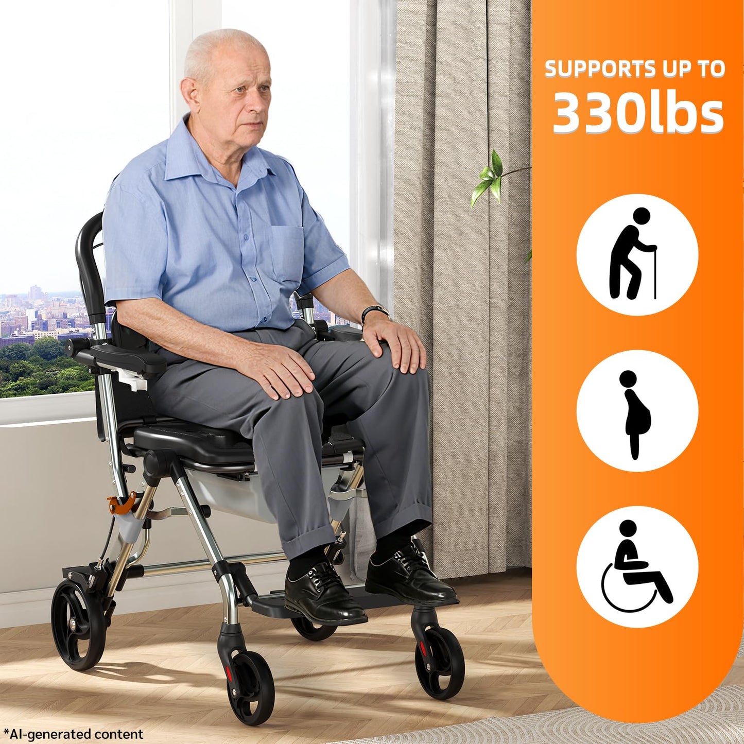 Portable Bedside Commode Chair 3-in-1, Foldable Toilet Chair with Raised Seat & Shower Chair, for Use with Wheelchairs for Adults, Heavy Duty Commode for Elderly, Disabled, Supports 330 lbs (BLACK)