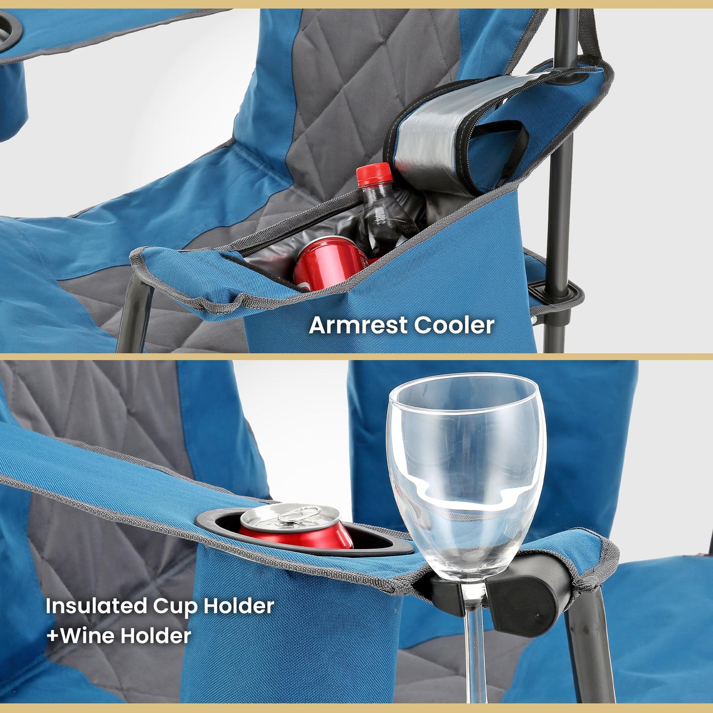 ARROWHEAD OUTDOOR 2-Pack Portable Folding Camping Quad Chair w/ 6-Can Cooler, Cup & Wine Glass Holders, Heavy-Duty Carrying Bag, Padded Armrests, Headrest & Seat, Supports up to 550lbs