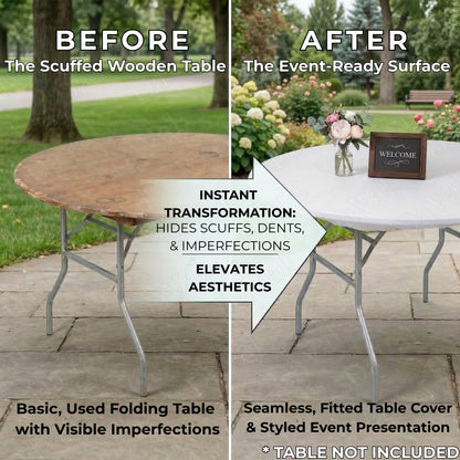 Kwik-Covers 10 Pack of Round Plastic Table Covers - 60" or 72" Round - Indoor or Outdoor Fitted Covers (Tables NOT Included) (White, 72" Round)
