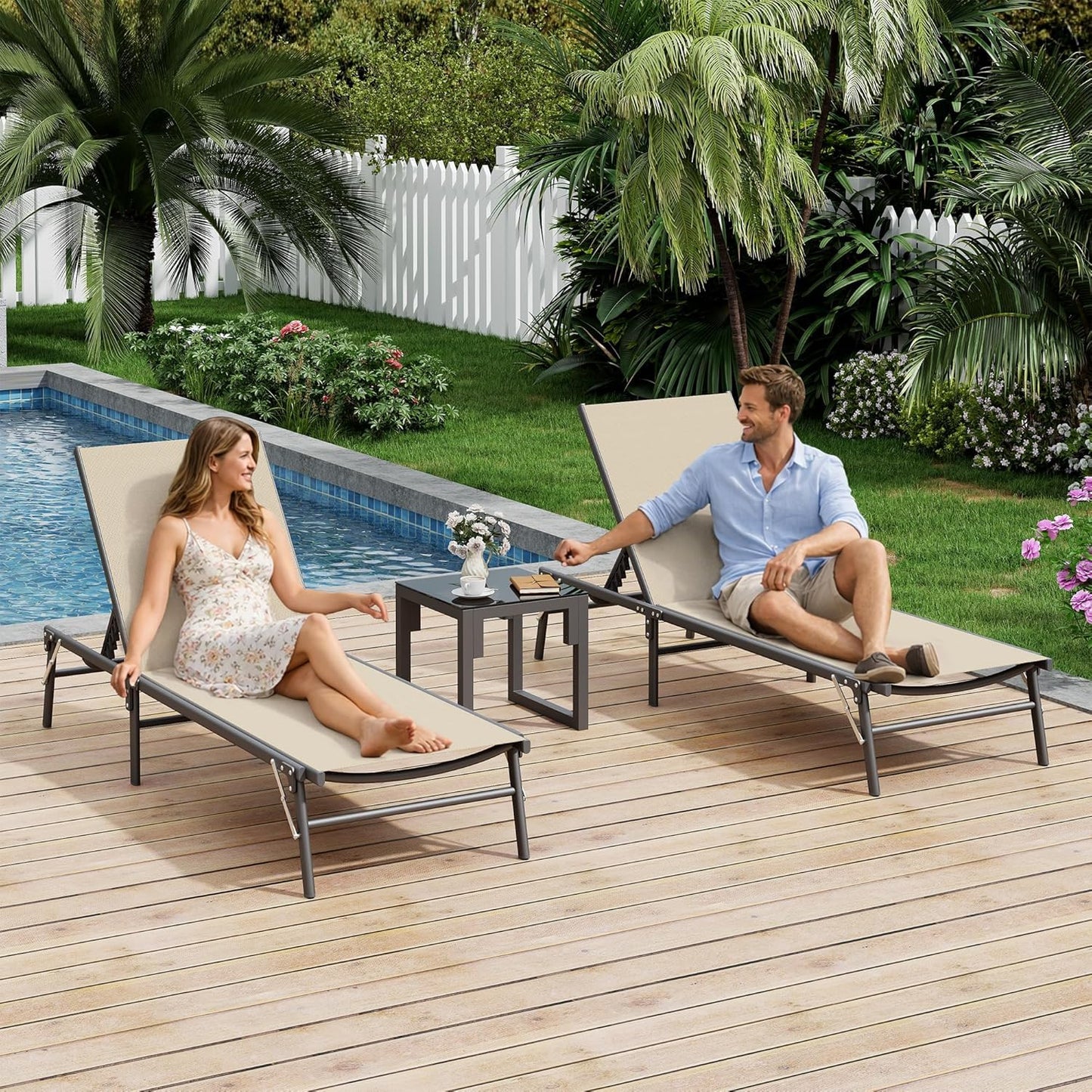 UDPATIO 3pcs Patio Lounge Chair Sets with Side Table Foldable Outdoor Chaise Lounge No Assembly