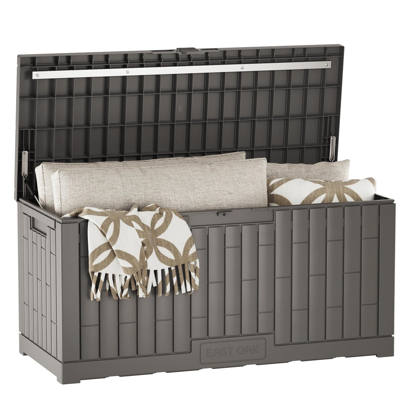 EAST OAK 120 Gallon Outdoor Storage Box | Large Resin Deck Box with Reinforced Stainless Steel Support | Waterproof & UV-Resistant Patio Storage Box for Cushions, Garden Tools & Pool Accessories, Grey