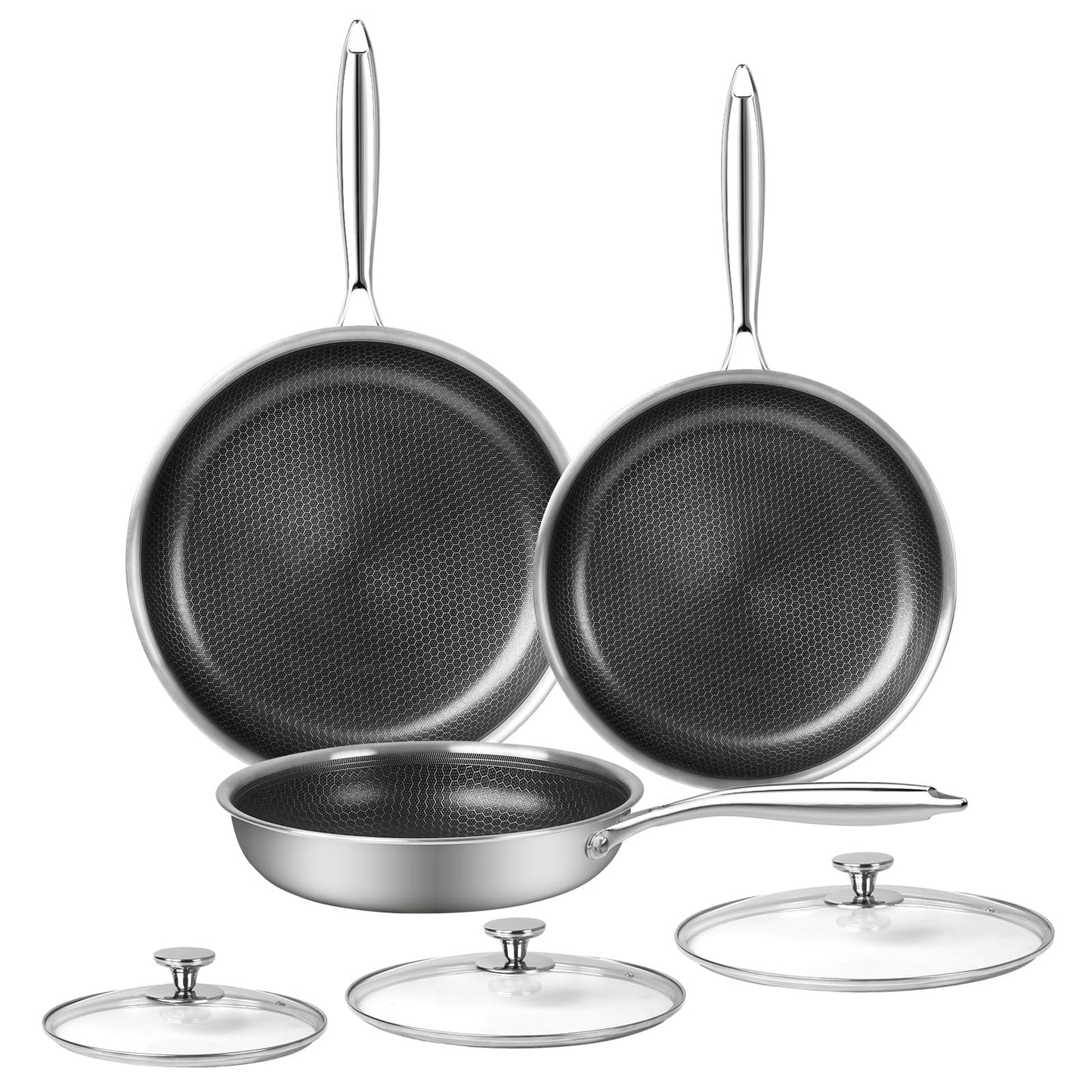 Innerwell 6 Piece Stainless Steel Frying Pan Set with Lids Cookware Set Nonstick Honeycomb Frying Pan Set 3pcs W/Stay Cool Handle Skillet Works Pan for Cooking with Induction Gas Stovetops