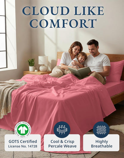 LANE LINEN 100% Organic Cotton King Size Bedsheets - Soft Luxury Hotel-Style Percale Cooling Sheets | Oeko-Tex Certified, Mineral Red