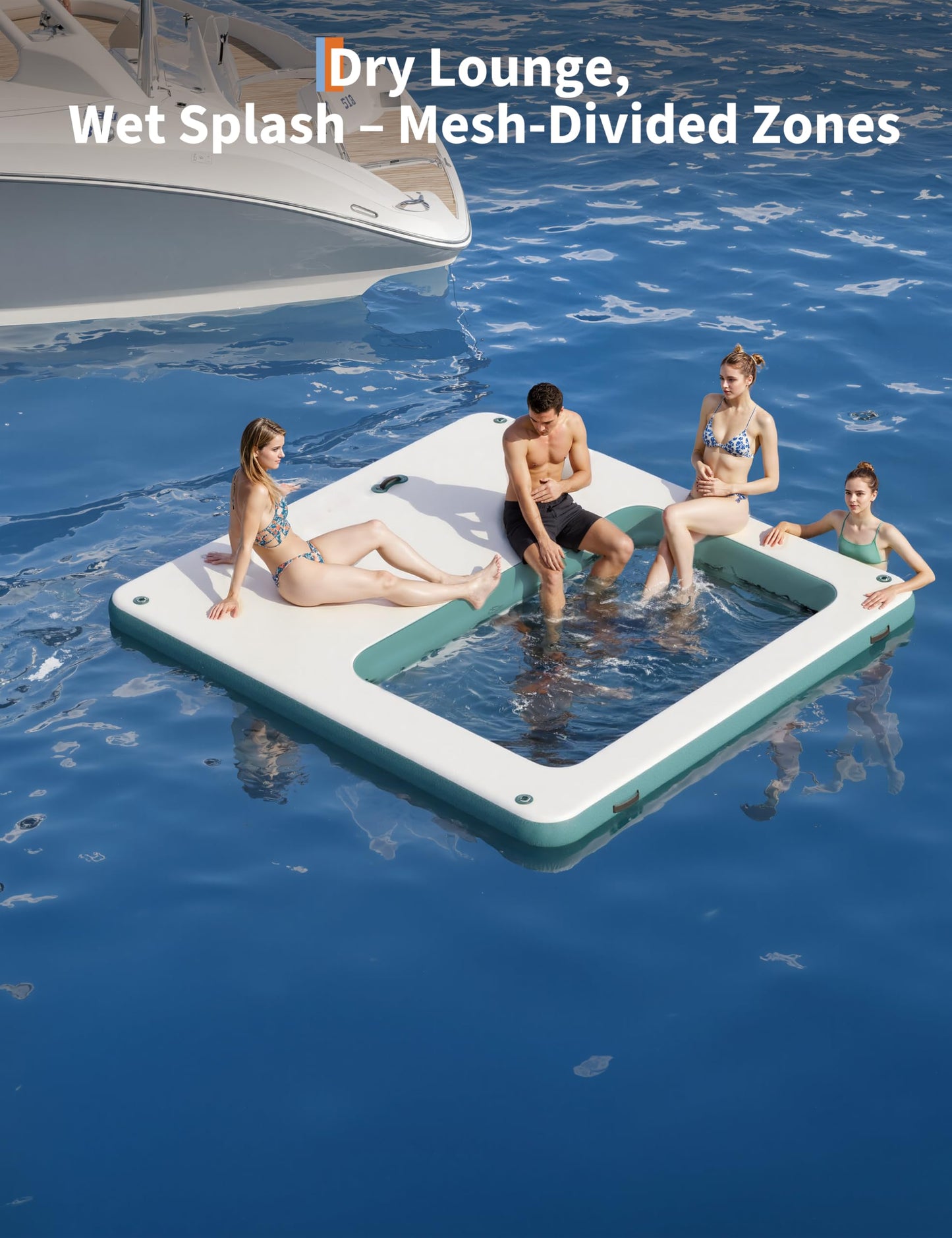 Inflatable Floating Island 10x10FT - with 4 * 7ft Trampoline Mesh Pool & Detachable Ladder - Portable Water Dock for Beach, Pool, Lake - Non-Slip Surface + Storage Bag