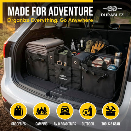 DURABLEZ Trunk Organizer 5-Section Modular XL Car Storage System – Extra Large Cargo Organizer for Car Trunk, Foldable Multi-Compartment Auto Organizer, Heavy Duty Oxford 1680D – Black