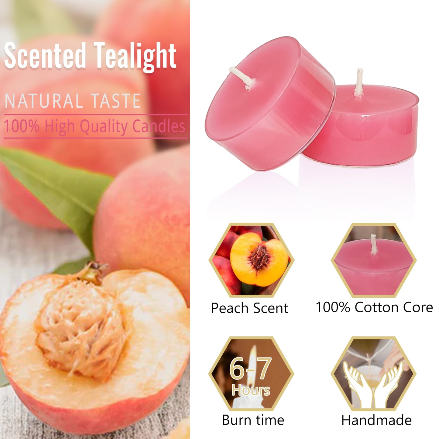 Hot Pink Tea Lights Set of 24, Peach Scented Tealight Candles, Handmade Tea Candles, Long Burning Tealights for Romantic Wedding Home Decor Gift