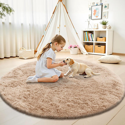 OLANLY Round Beige Area Rug - Soft, Fluffy, Machine Washable 4 ft Circle Carpet for Bedroom & Living Room