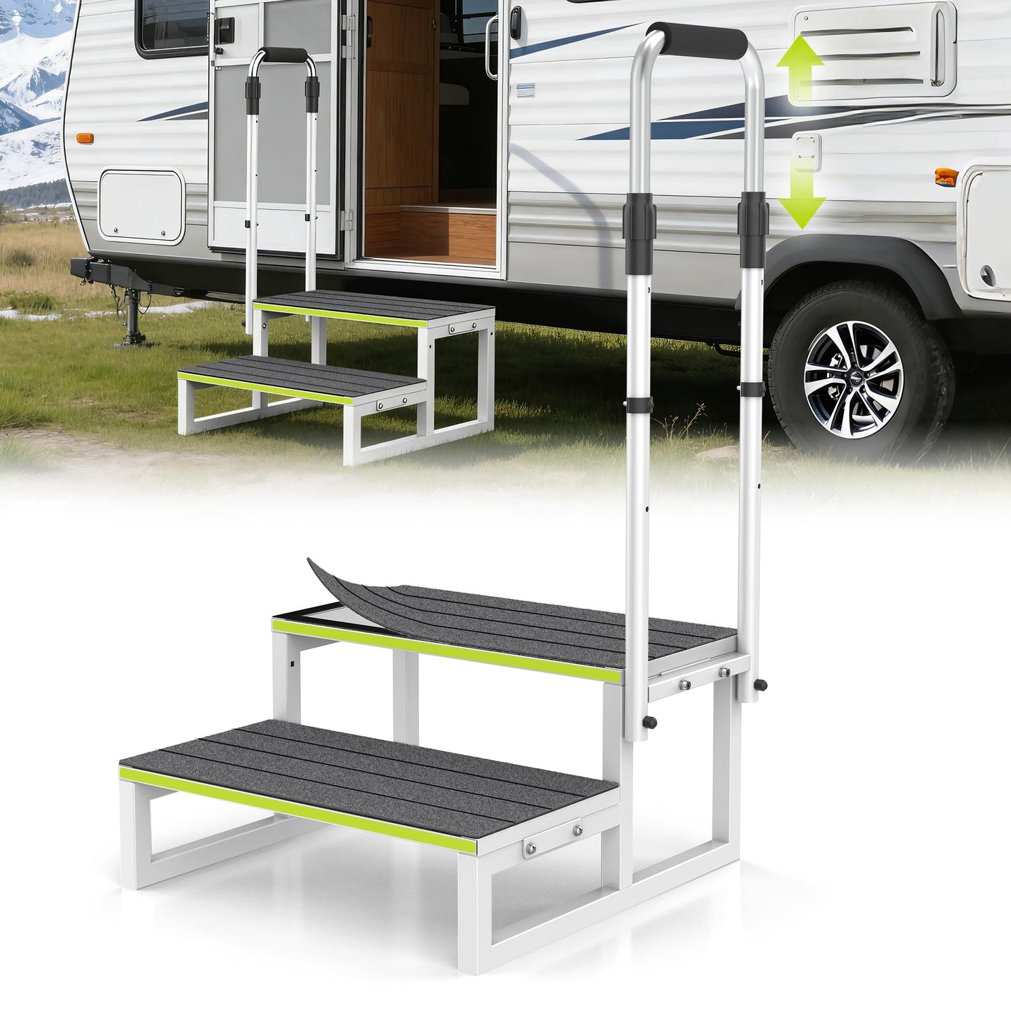 DEPSUNNY RV Step Stool with Handrail, 2 Steps 1 Handrail, Wider Platform, Anti-Slip Mats, Step Stool with Handle for Elderly, Portable RV Stairs for Hot Tub/Camper/Mobile Home/SPA Pool/Pet Stairs