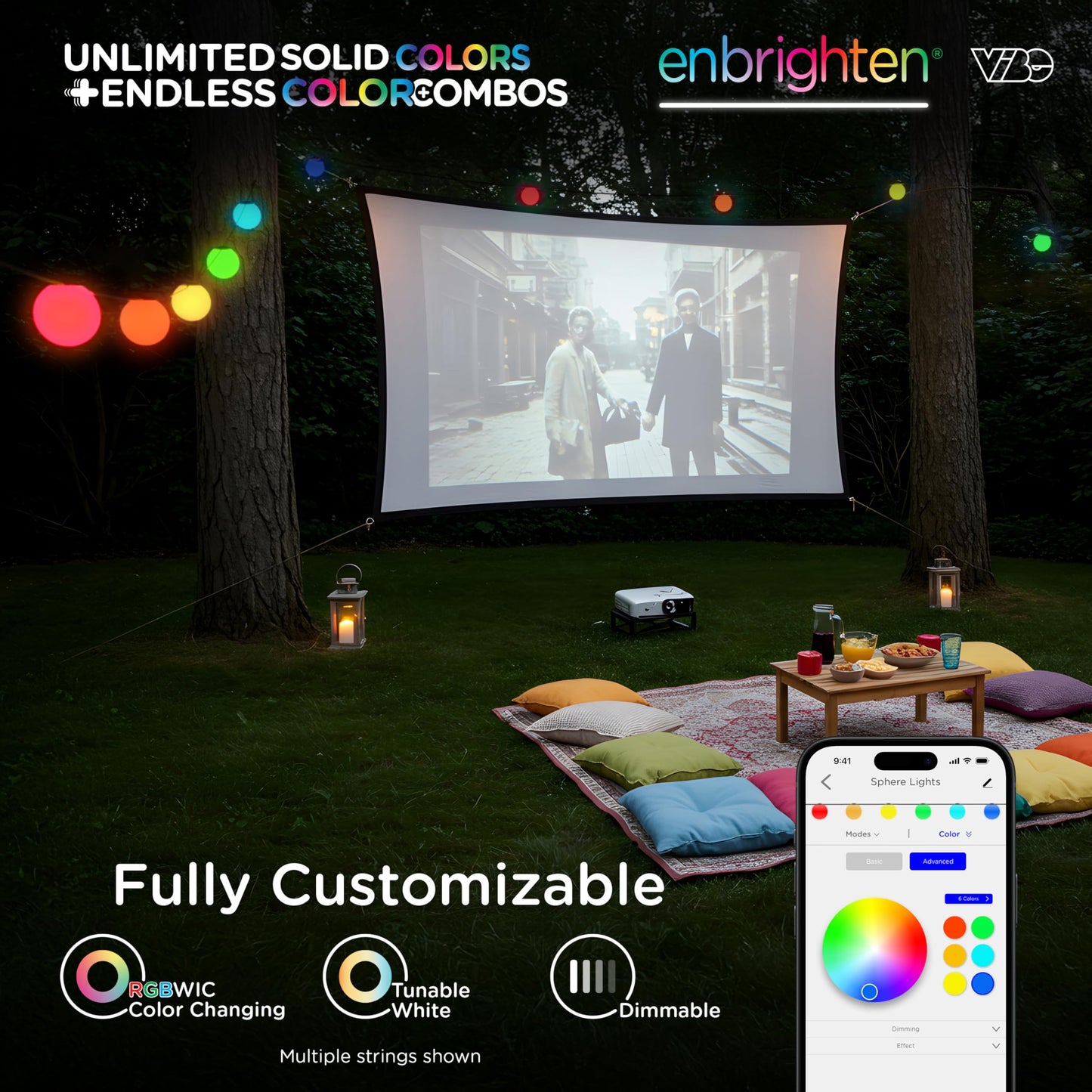 Enbrighten Vibe Sphere Outdoor String Lights, 57ft, 12 RGBWIC Bulbs, 6in Extra Large Spheres, Waterproof, Patio, Backyard, Gameday, Holiday, Smart App, Compatible with Alexa, Google Home, 85976
