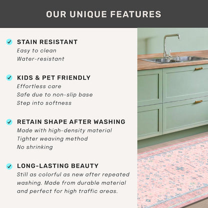 Oushak Rugs | Washable 9x12 Pink and Blue Area Rug - Modern Floral Design, Soft Faux Wool, Non-Slip