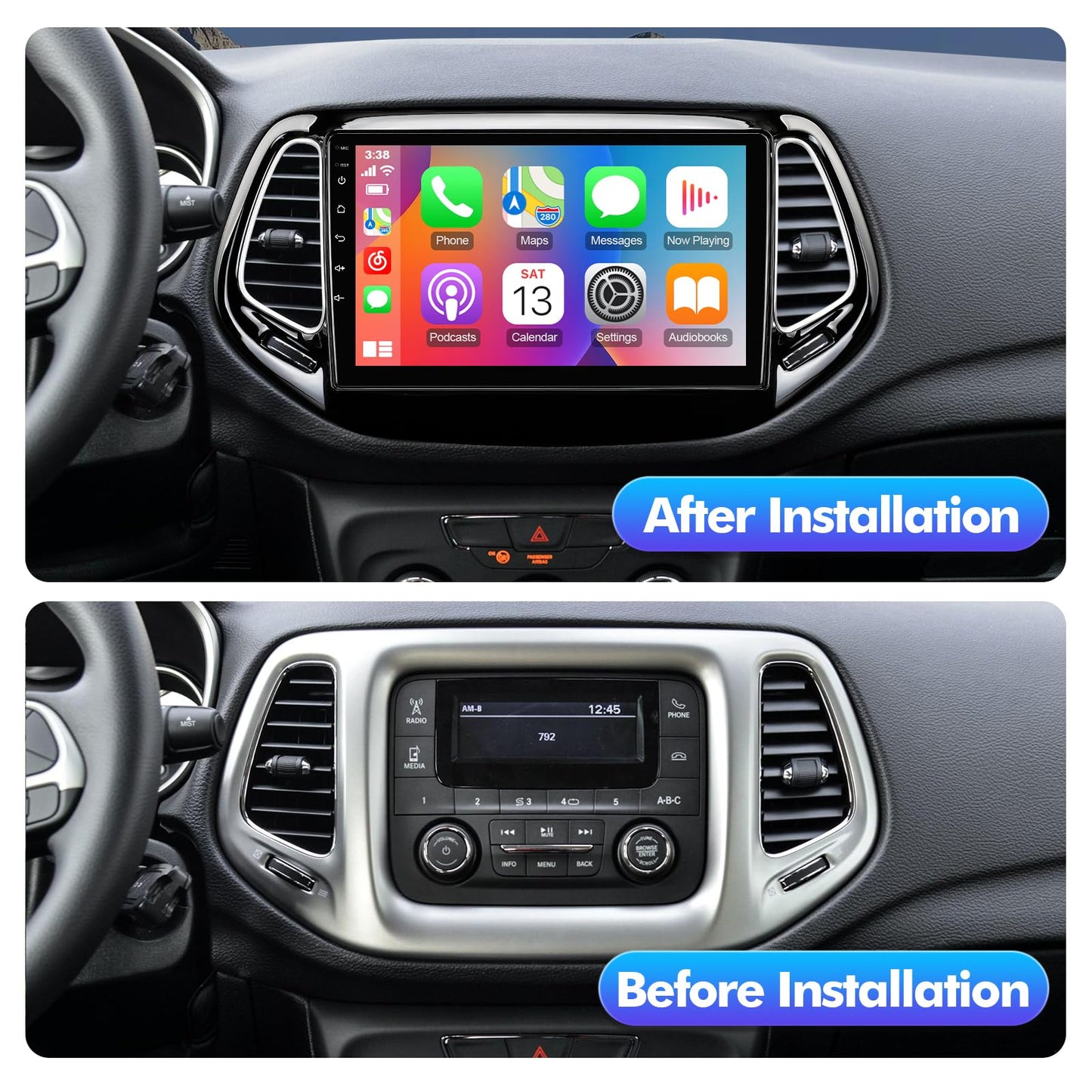 10.1-inch Android 13 Double Din Car Stereo for Jeep Compass 2 MP 2017-2019 IPS Touchscreen Screen Car Radio with Carplay & Android Auto Support Backup Camera GPS FM Navi BT SWC