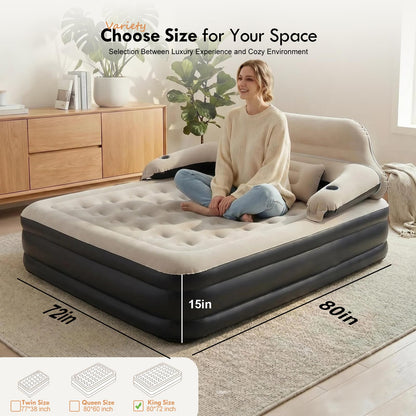 DIMAR GARDEN King Size Air Mattress with Headboard and Pump,Blow Up Mattress Inflatable Bed with Pillows