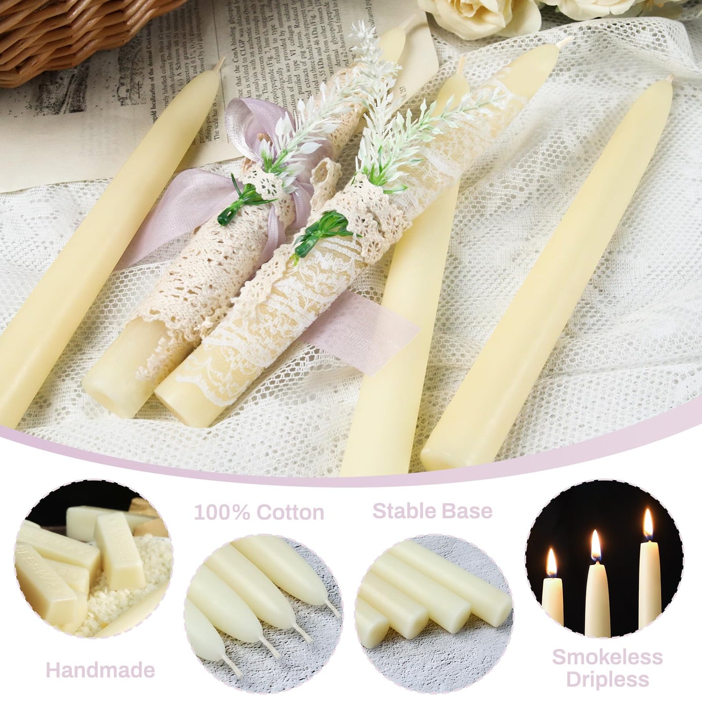 12 Pack Beeswax Taper Candles 8 Hours Beeswax White Emergency Candle Sticks Smokeless 8in Tapered Candlesticks Unscented Bees Wax Candle for Home Prayer