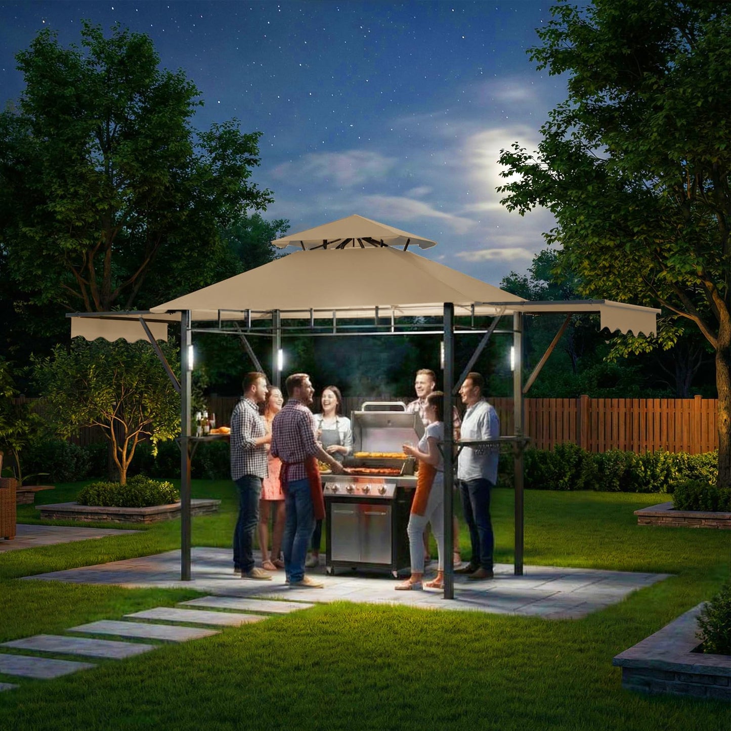 COZONY Double-Tier Grill Gazebo 13x4 ft – Heavy-Duty Steel Frame, Dual Side Awnings, Weather-Resistant Canopy, Shelves, LED Lights, Hooks, Bottle Opener – Outdoor BBQ Pavilion for Patio, Garden