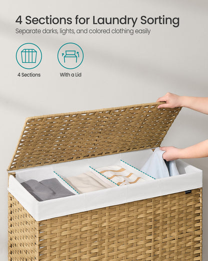SONGMICS Laundry Hamper with Lid, 55.4 Gallons (210 L), Rolling Laundry Basket with Wheels, 4-Section Synthetic Rattan, Removable Liner, Bedroom, 33.9 x 15.7 x 26 Inches, Natural Color ULCB460Y01