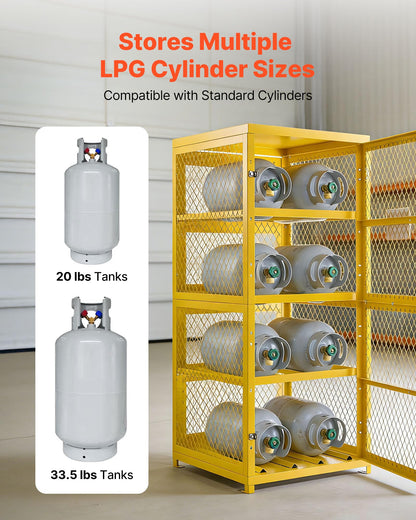 VEVOR Horizontal Cylinder Storage Cabinet, 30"L x 30"W x 70.3"H, 8 Cylinder Capacity, 4-Tier Propane Storage Cage, with Lock and Keys, Yellow Powder-Coated Carbon Steel, for Propane, Oxygen, Nitrogen
