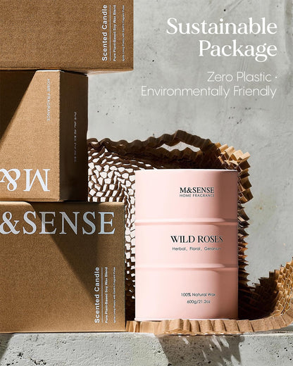 M&SENSE Wild Rose Large Natural Scented Candle, 120 Hours Long Lasting Soy Candles 21.2oz, Stress Relief Luxury Aromatherapy Candles for Women, Romantic Candle Valentines Day Gifts
