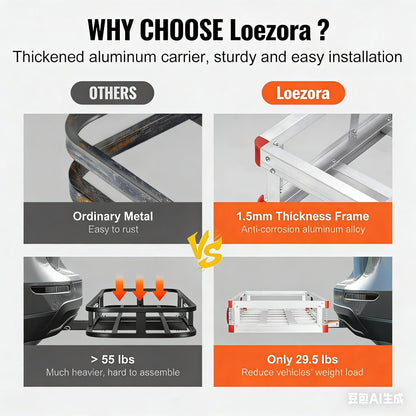 LOEZORA 500LB Hitch Cargo Carrier with Folding Ramp, 50 x 29.5 Inch Aluminum Cargo Basket, Heavy Duty Trailer Hitch Mounted Rack for 2" Receiver, SUV Truck Van
