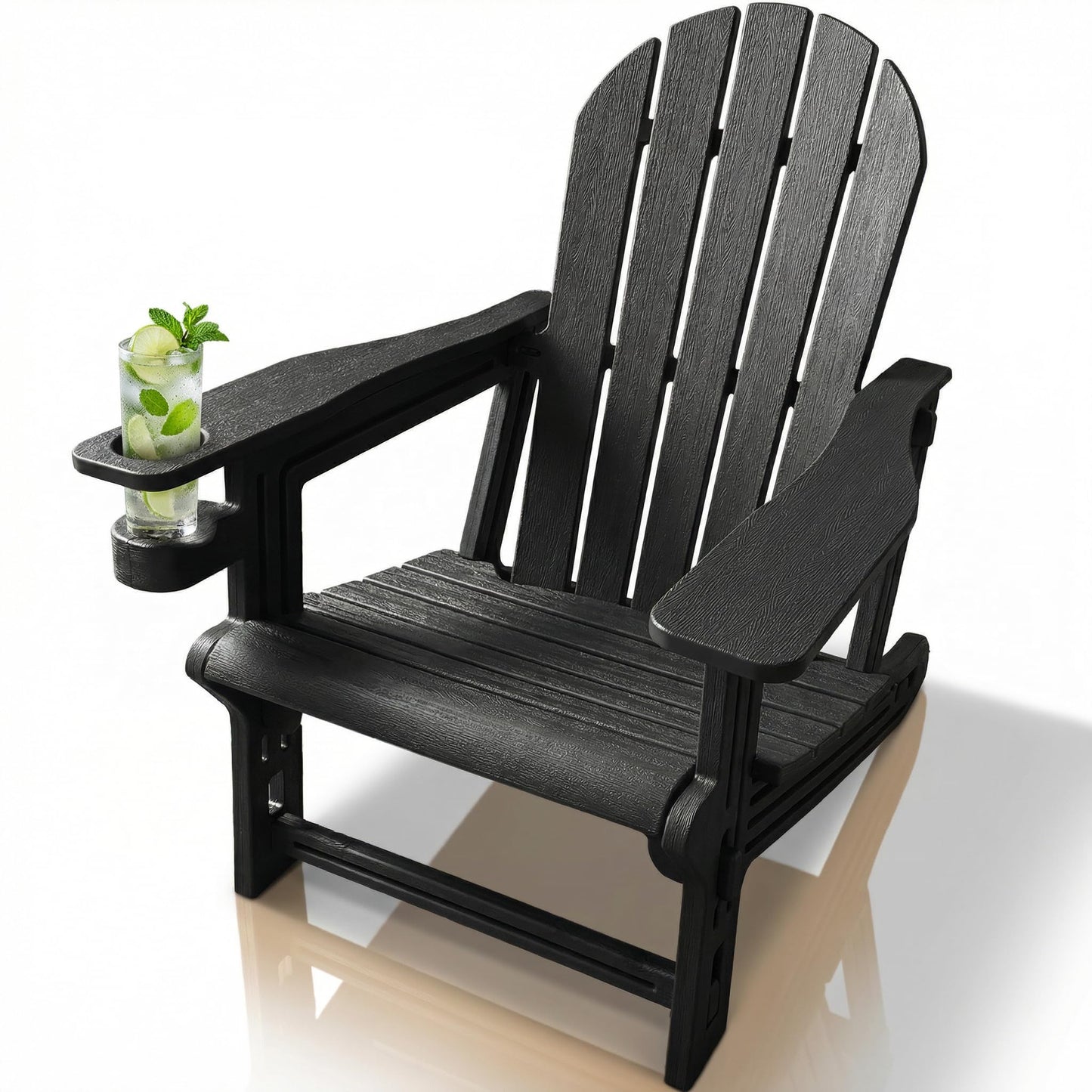 Adirondack Chair with Cup Holder,Tool-Free Assembly,No Screws Needed,All-Weather HDPE Plastic Outdoor Patio Chair,Wood-Grain Slatted Look,Easy to Take Apart for Storage,Fire Pit Chairs(Classic Black)