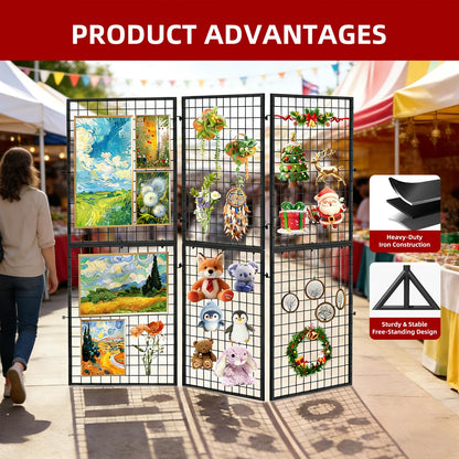 ATOLS 3-Pack Foldable Grid Wall Panels with 20 Hooks - 60" H x 76" W Heavy Duty Wire Grid Display Rack, Portable Z-Unit for Commercial Retail Store, Vendor Booth & Trade Shows